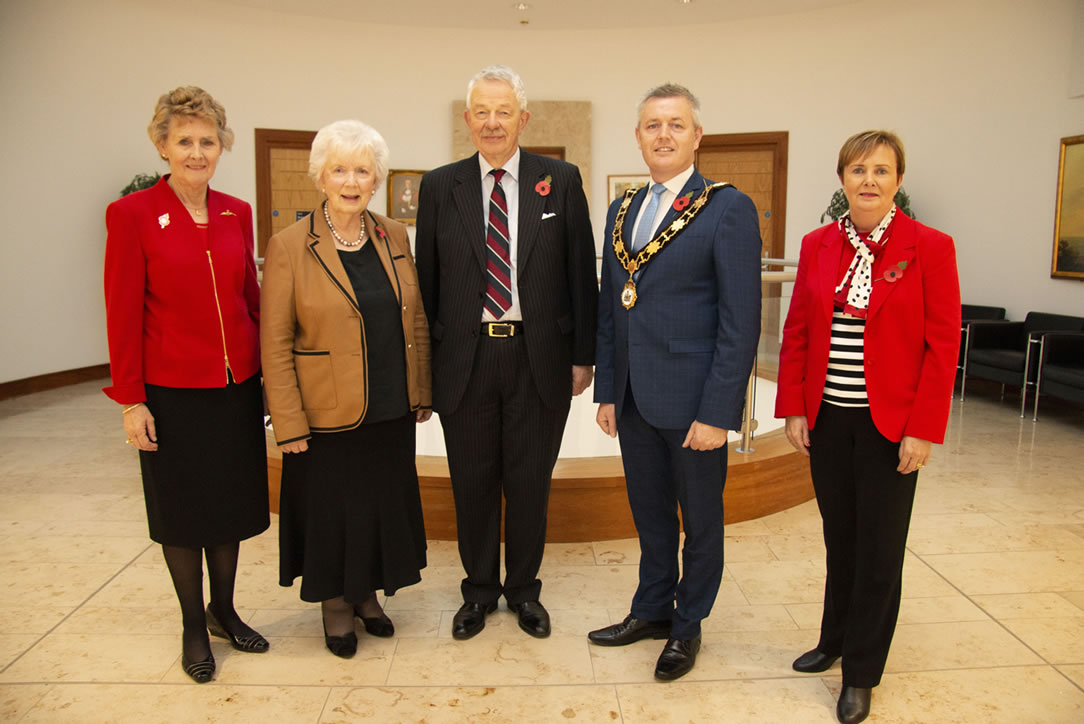 Mayor of Antrim and Newtownabbey Paul Michael, CEO Jacqui Dixon, Joan Christie CVO OBE, Air Vice-Marshal David Niven